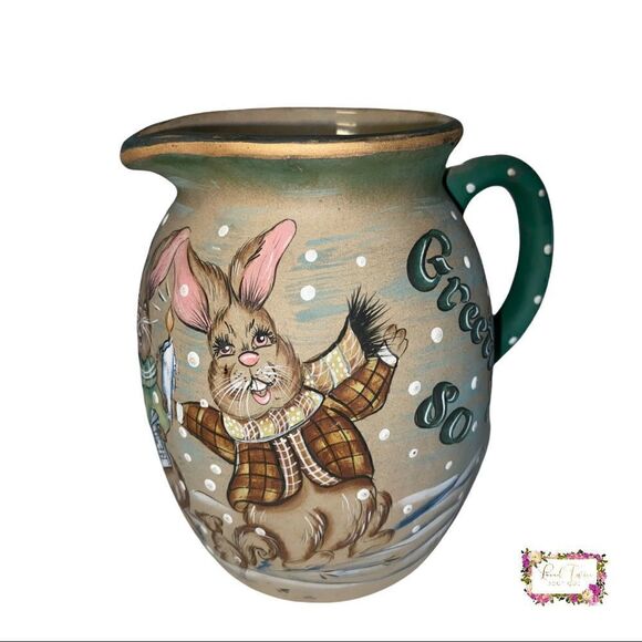 Vintage Signed Artist Hand Painted Ceramic Bunny Christmas Caroler’s Pitcher - Picture 1 of 15